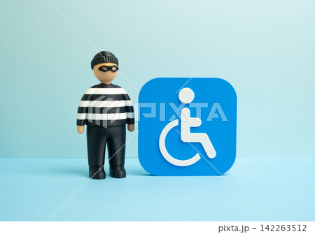 Criminal and disability symbol. Fraudster and scammer. Deception, impersonation and abuse related to disability status. Fraud prevention protects public benefits and social programs. Criminal and disability symbol. Fraudster and scammer. Deception, impersonation and abuse related to disability status. Fraud prevention protects public benefits and social programs. 142263512