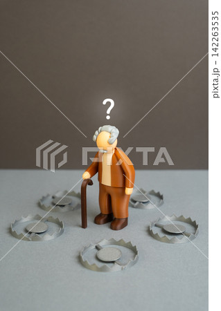 An elderly man with a cane surrounded by traps. Defenseless against harsh realities, illness and loss. Life challenges create vulnerability and uncertainty about the future. 142263535