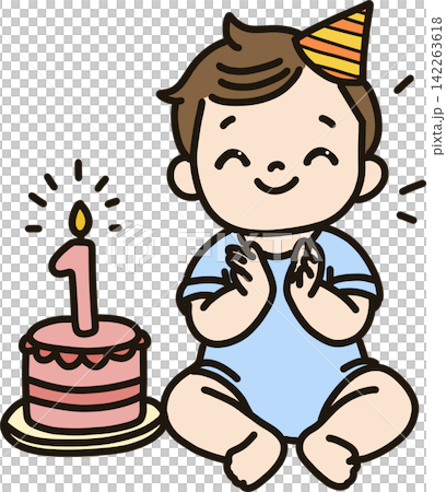 Baby Clapping with First Birthday Cake 142263618