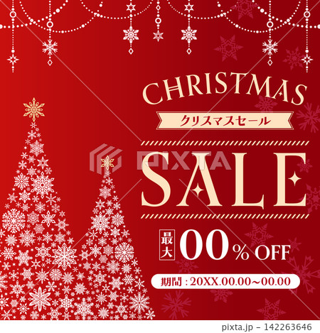 雪の結晶のクリスマスツリーの赤色テンプレート2_正方形 雪の結晶のクリスマスツリーの赤色テンプレート2_正方形 142263646