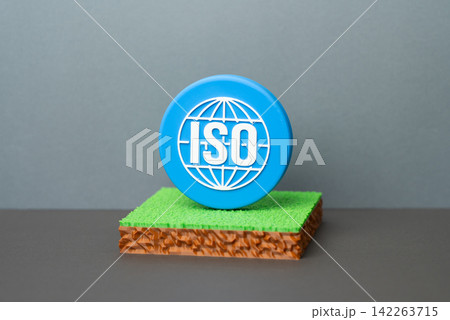 Plot of land and ISO symbol. Assessment, analysis and quality control of soil and environmental conditions. Certification supports responsible land use and sustainable development. 142263715