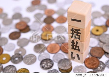 一括払いのテキストと日本円の硬貨 142263812