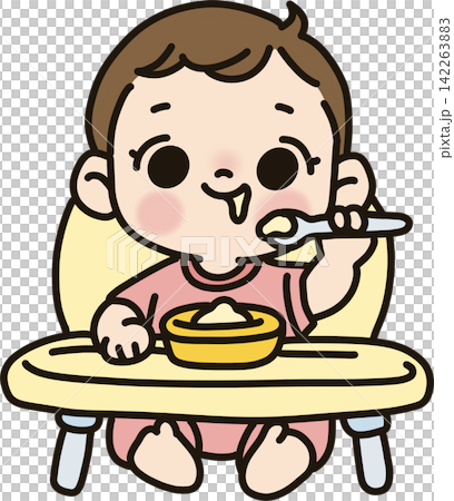 Baby Eating Food in High Chair Baby Eating Food in High Chair 142263883