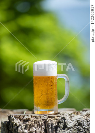樹皮の上に置かれた生ビール、爽やかな屋外の昼間、白い泡が立つグラス 142263917