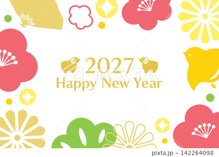 2027年未年のカラフルな和柄とひつじの年賀状 2027年未年のカラフルな和柄とひつじの年賀状 142264098
