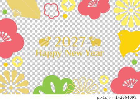 2027年未年のカラフルな和柄とひつじの年賀状 2027年未年のカラフルな和柄とひつじの年賀状 142264098
