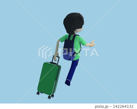 旅行する人の3Dイラスト・リュックを背負ってスーツケースを引いて歩く男性 142264132