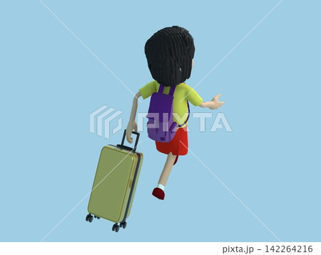 旅行する人の3Dイラスト・リュックを背負ってスーツケースを引いて歩く女性 旅行する人の3Dイラスト・リュックを背負ってスーツケースを引いて歩く女性 142264216