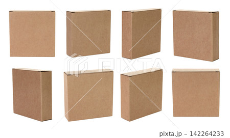 Set of Thin kraft cardboard box, isolated on transparent background. Minimal, eco-friendly packaging concept, versatile for storage, gifts, shipping, and product presentation 142264233
