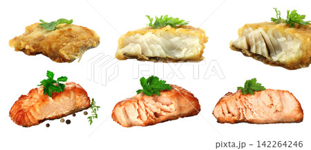Set of Fried Sea Fish steaks with green scum, isolated on transparent background Set of Fried Sea Fish steaks with green scum, isolated on transparent background 142264246