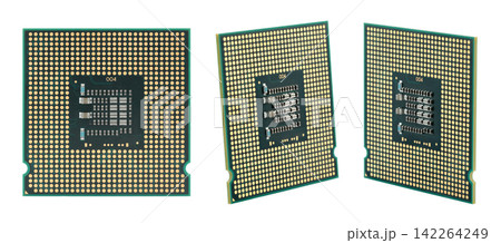Set of microprocessor isolated on transparent background. High-detail electronic component perfect for technology, hardware design, engineering visuals, and educational projects Set of microprocessor isolated on transparent background. High-detail electronic component perfect for technology, hardware design, engineering visuals, and educational projects 142264249
