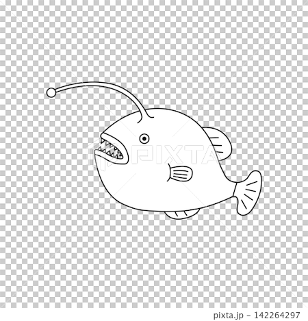 A monochrome anglerfish, a deep-sea fish with sharp teeth and bioluminescent organs. A monochrome anglerfish, a deep-sea fish with sharp teeth and bioluminescent organs. 142264297