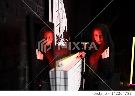 Brightly expressive communicator amid lively urban night scene 142264782