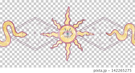Mystical seamless border esoteric celestial sun with eye, abstract snakes, geometric frames. Girly horizontal repeat pattern isolated on white background. Hand drawn watercolor, graphic illustrations Mystical seamless border esoteric celestial sun with eye, abstract snakes, geometric frames. Girly horizontal repeat pattern isolated on white background. Hand drawn watercolor, graphic illustrations 142265275