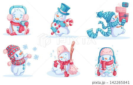 A set of hand-drawn cute snowmen. Christmas and New Year characters in hats and scarves. Isolated on a white background. Cartoon children's vector illustration for poster design, printing, textiles 142265841