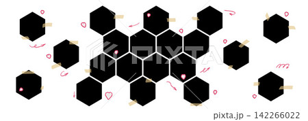 Hexagon collage set with honeycomb photo grids and tape. Black tiles form a collage with pink heart and hand drawn arrows. Decorative vector hexagon for scrapbook design or family memory album layout Hexagon collage set with honeycomb photo grids and tape. Black tiles form a collage with pink heart and hand drawn arrows. Decorative vector hexagon for scrapbook design or family memory album layout 142266022