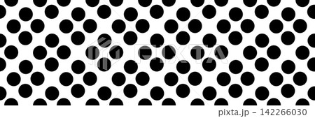 Polka dot texture of big black circles in a regular grid. Even dots repeat in allover rows across the white ground. Classic vector polka print for digital advertising or surface pattern Polka dot texture of big black circles in a regular grid. Even dots repeat in allover rows across the white ground. Classic vector polka print for digital advertising or surface pattern 142266030