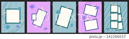 Frame collage set of taped photo panels and scalloped stamp cutouts. Teal pink and lavender paper cover with instant snapshot. border. Vector frame collage set for scrapbook design or promo layout 142266037