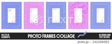Star confetti photo frame set of paper cutouts with punch holes. Blue and pink rectangles show dotted borders and crumpled texture. Vector star confetti for sticker sheet or scrapbook zine design Star confetti photo frame set of paper cutouts with punch holes. Blue and pink rectangles show dotted borders and crumpled texture. Vector star confetti for sticker sheet or scrapbook zine design 142266065