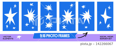 Graphic star photo frame set with cutout silhouettes. Vertical carousel panels feature angular spark shapes. Bold vector star frame collection for social media story, sale promo tag or poster design Graphic star photo frame set with cutout silhouettes. Vertical carousel panels feature angular spark shapes. Bold vector star frame collection for social media story, sale promo tag or poster design 142266067