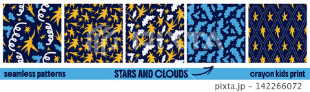 Seamless pattern of crayon star set inside a diamond harlequin repeat for kid decor. Scribbled clouds, stars and sparks chalky brushed on argyle. Hand drawn vector pattern set with night sky motif 142266072