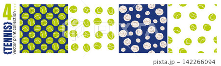 Tennis pattern collection of four green ball prints on navy and white. Dotty scribble spacing varies across the tennis swatches. Vector pattern set for social media collection or surface design 142266094