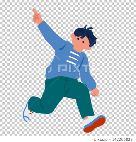 An illustration of a young boy running while pointing his finger. An illustration of a young boy running while pointing his finger. 142266828