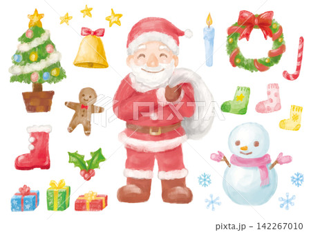 水彩風の手描きの優しいクリスマスイラスト素材セット 142267010