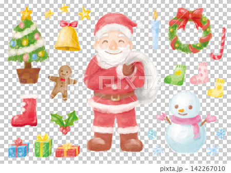 水彩風の手描きの優しいクリスマスイラスト素材セット 142267010