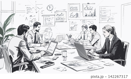 Business team collaborating on financial strategy in office 142267317
