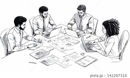 Diverse business team collaborating on project in meeting Diverse business team collaborating on project in meeting 142267318