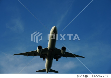 Airplane in Flight Against a Clear Blue Sky Airplane in Flight Against a Clear Blue Sky 142267785