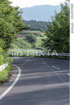緑豊かな夏の嬬恋村のワインディングロードと高原の風景 142267889