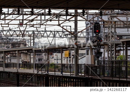 複雑に入り組む架線柱と信号機、駅構内のインフラ設備風景 複雑に入り組む架線柱と信号機、駅構内のインフラ設備風景 142268117