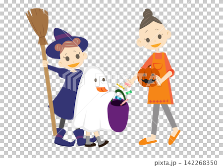 ハロウィンで仮装した子どもにお菓子をあげるお母さん ハロウィンで仮装した子どもにお菓子をあげるお母さん 142268350