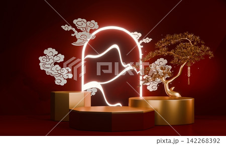 Chinese red display stand ,stage podium chinese for present products.3D rendering Chinese red display stand ,stage podium chinese for present products.3D rendering 142268392