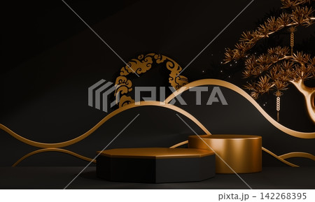 Dark black concept style ,Podium display minimal geometric abstract and decoration chinese style.3D rendering 142268395