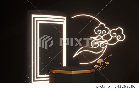 Dark black concept style ,Podium display minimal geometric abstract and decoration chinese style.3D rendering 142268396