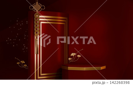 Chinese red display stand ,stage podium  chinese for present products.3D rendering 142268398