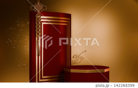 Chinese red display stand ,stage podium  chinese for present products.3D rendering 142268399
