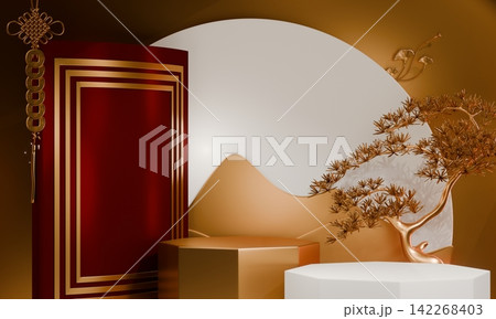 chinese display stand white for cosmetic product on background and decoration chinese style. 3d rendering chinese display stand white for cosmetic product on background and decoration chinese style. 3d rendering 142268403
