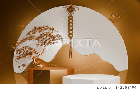 Golden Podium display minimal geometric abstract and decoration chinese style.3D rendering 142268404