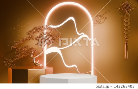 Golden Podium display minimal geometric abstract and decoration chinese style.3D rendering 142268405