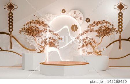 chinese display stand white for cosmetic product on background and decoration chinese style. 3d rendering 142268420