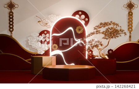 Chinese red display stand ,stage podium  chinese for present products.3D rendering 142268421