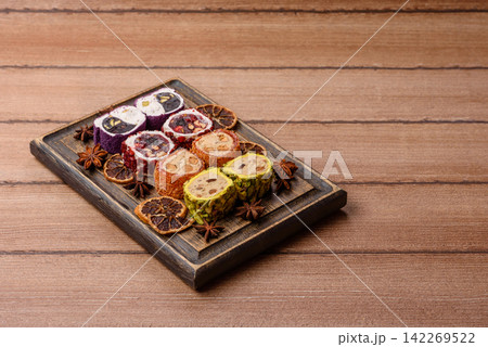 Turkish delight or lokum is a traditional Eastern sweet made with nuts. Turkish delight, lokum 142269522