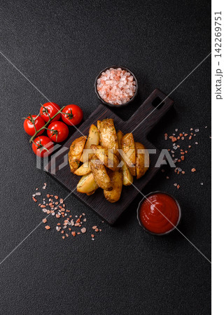 Fried potato wedges seasoned with salt and spices, ready for dinner table. Fried potato wedges 142269751