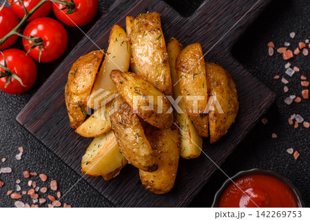 Fried potato wedges seasoned with salt and spices, ready for dinner table. Fried potato wedges 142269753