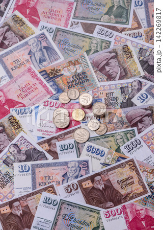 Iceland, Icelandic paper banknotes krona for settlements and financial transactions. Icelandic krona Iceland, Icelandic paper banknotes krona for settlements and financial transactions. Icelandic krona 142269817