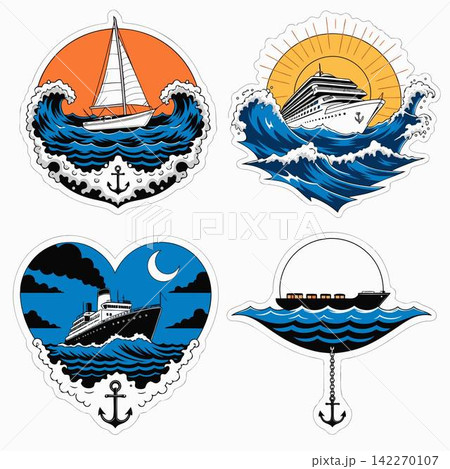 The image shows a set of four nautical-themed vector stickers depicting ships, waves, and anchors 142270107